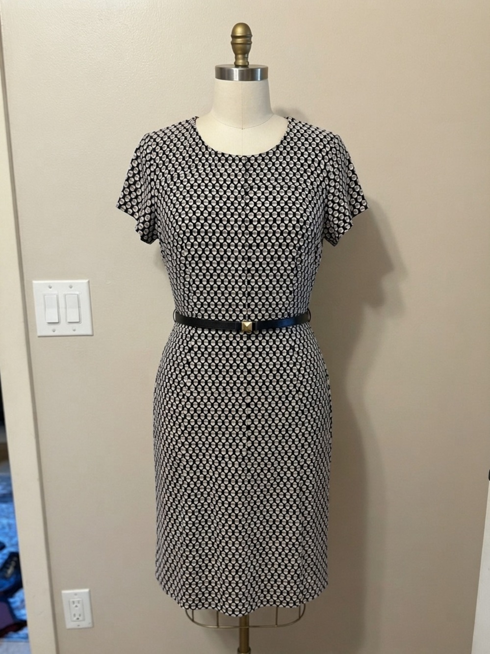Jessica Howard Black, Brown and White Dot-Pattern Midi Dress